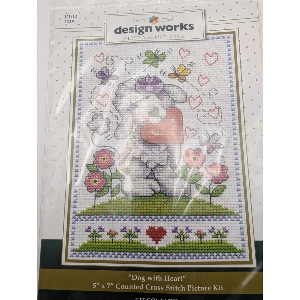DESIGN WORKS Dog With Heart Cross Stitch Kit 5x7 Puppy Flowers Butterflies NEW